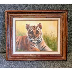 Vintage Original Wood Framed Tiger Painting on Canvas Signed Marianne